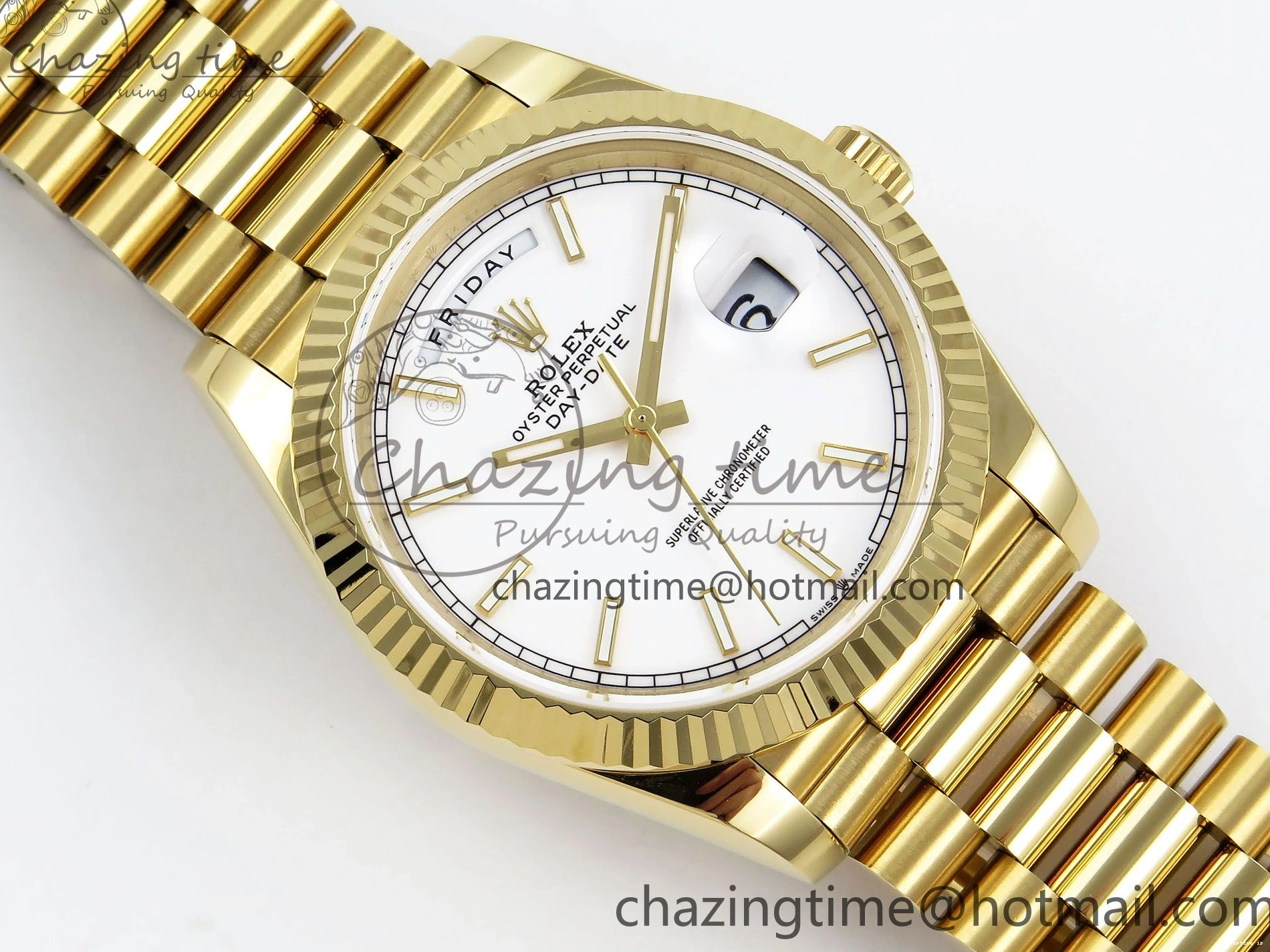 1224 Day Date 40 YG JDF 904L Steel White Stick Dial on President Bracelet VR3255 V3 (Gain Weight) Colorful 1373